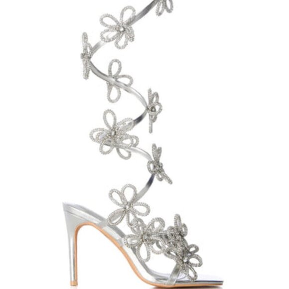 AZALEA WANG"SCULPTED PERFECTION" SILVER FLOWER EMBELLISHED COIL SANDAL(BRAND NEW - Picture 9 of 11